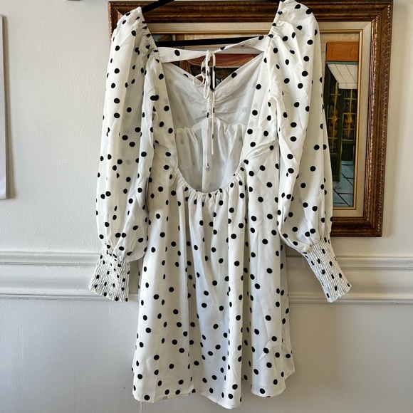 Lulu’s - Meet Me At Our Spot White Polka Dot Long Sleeve Mini Dress - M - Picture 3 of 9